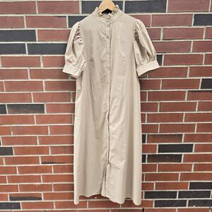 Maison Maar Size Small Beige Midi Dress Mock Neck Button Down Puff Sleeve Cotton